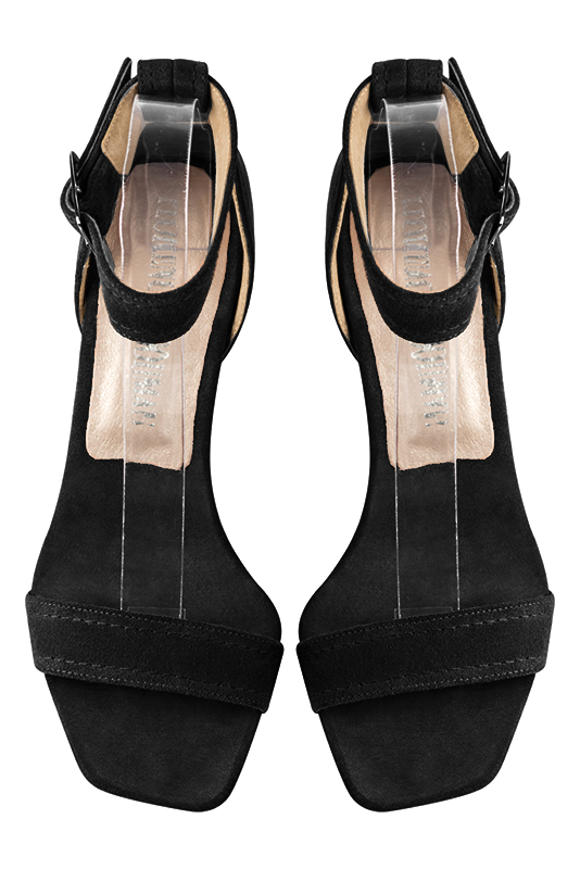Matt black women's closed back sandals, with a strap around the ankle. Square toe. Medium spool heels. Top view - Florence KOOIJMAN